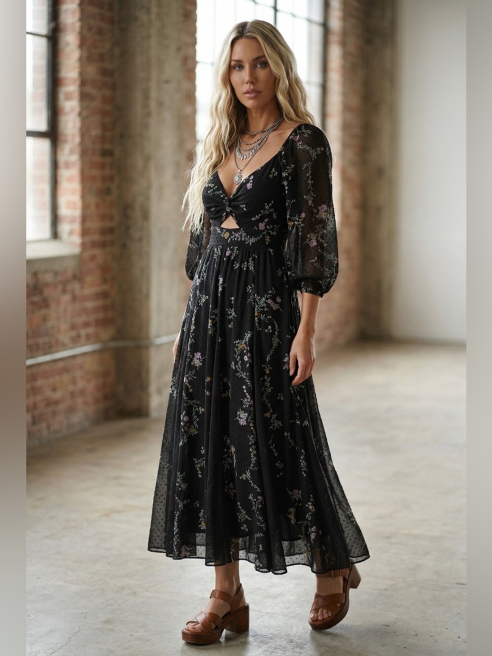 NWT Angie Clothing Boho Floral Swiss Dot Maxi Dress - Picture 3 of 8